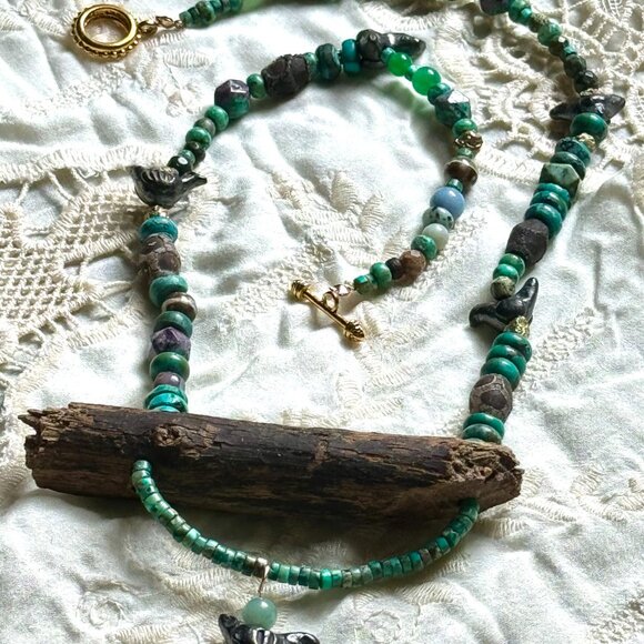 Bohemian OOAK Turquoise, Wood, Ceramic, Aventurine Statement Necklace - Picture 6 of 11